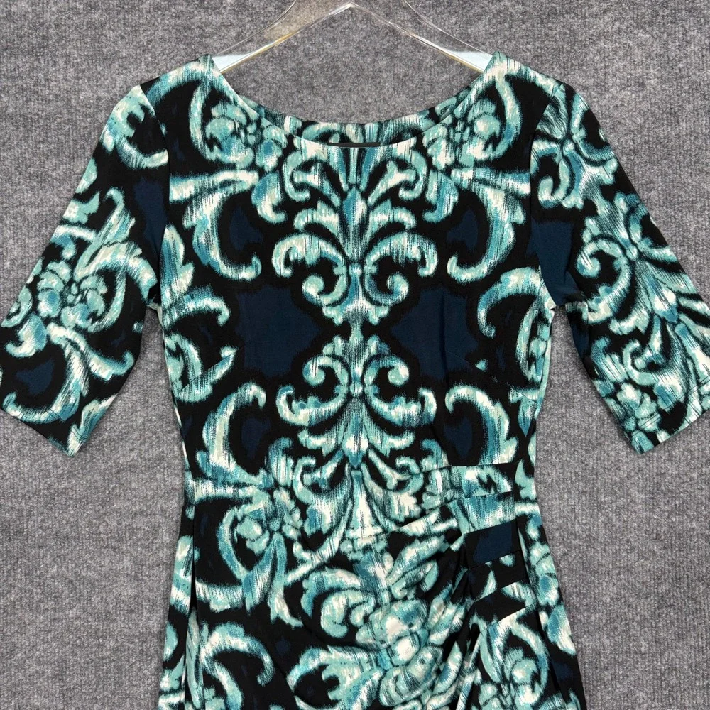 Connected Apparel‎ Sheath Dress Womens 4 Teal Navy Damask Ruched Elbow Sleeve